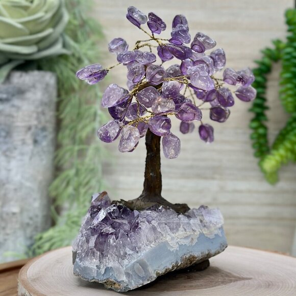 Amethyst Bonsai Crystal Tree Of Life Geode Base Gemstone Chakra Tree 7" Tall (E) - Picture 15 of 16